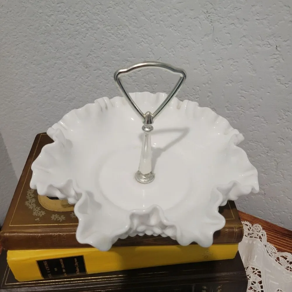 VTG Fenton Hobnail White Milk Glass Nut Candy Dish Handle Ruffled Edge Label
